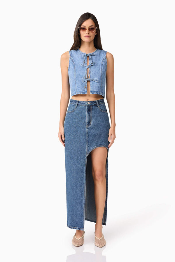 Brunette model wearing Adalynn Denim Vest front shot