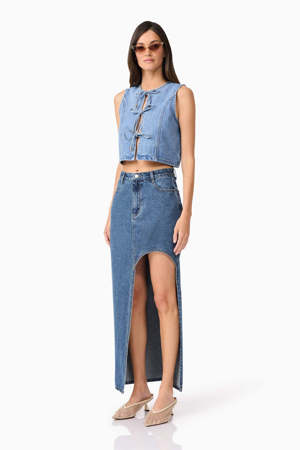 Brunette model wearing Adalynn Denim Vest SIDE shot