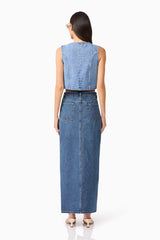 Brunette model wearing Adalynn Denim Vest back shot