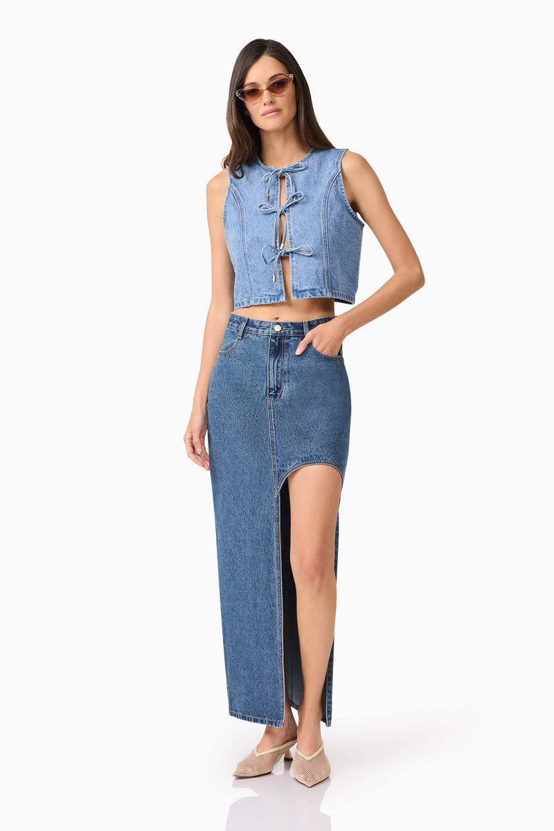 Brunette model wearing Adalynn Denim Vest posed shot