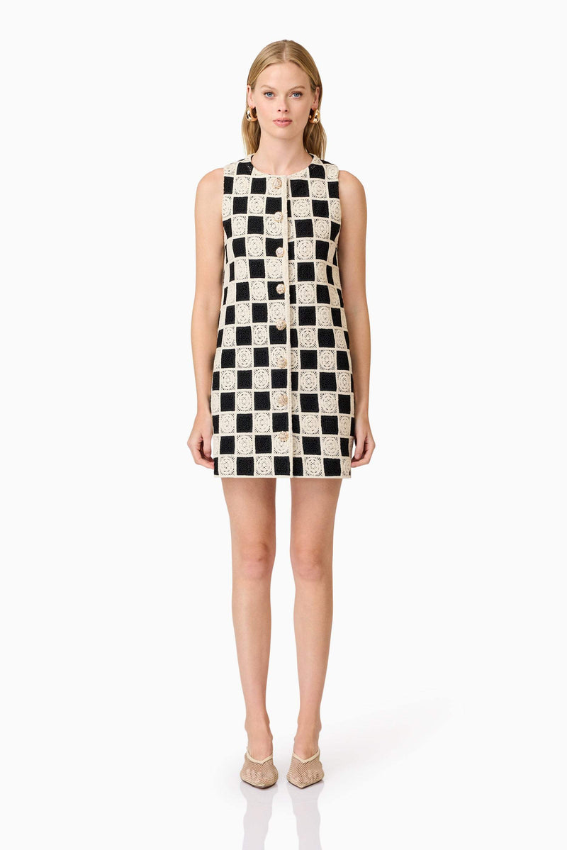 Blonde model wearing  Soho Crochet Mini Dress in Black & White front shot