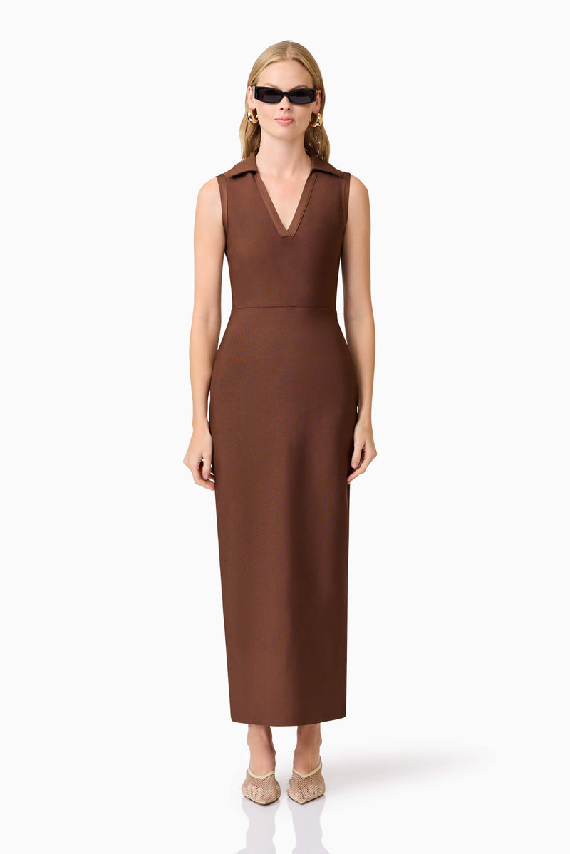 Blonde model wearing CURAAE Khloe Crepe Knit Midi Dress in Brown front shot