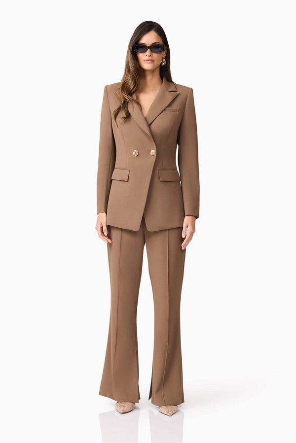Brunette model wearing Sandy Suit Blazer In Brown front shot
