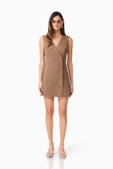Brunette model wearing Sandy Suit Mini Dress In Brown front shot