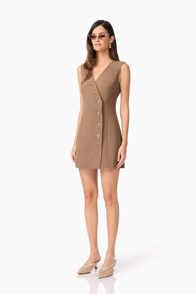 Brunette model wearing Sandy Suit Mini Dress In Brown side shot