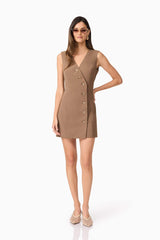 Brunette model wearing Sandy Suit Mini Dress In Brown posed shot