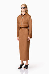 blond model wearing Aroha Suede Cropped Jacket side shot