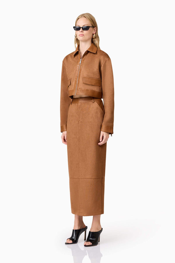 blond model wearing Aroha Suede Cropped Jacket side shot