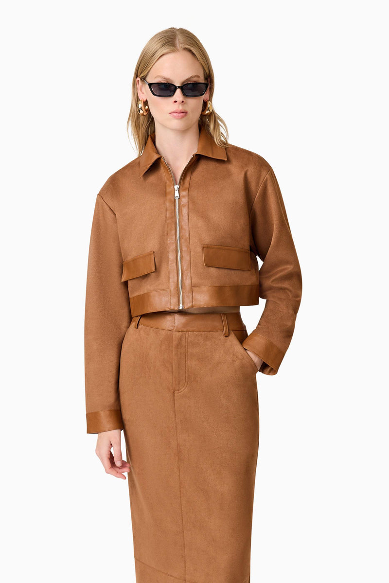 blond model wearing Aroha Suede Cropped Jacket close up detail shot