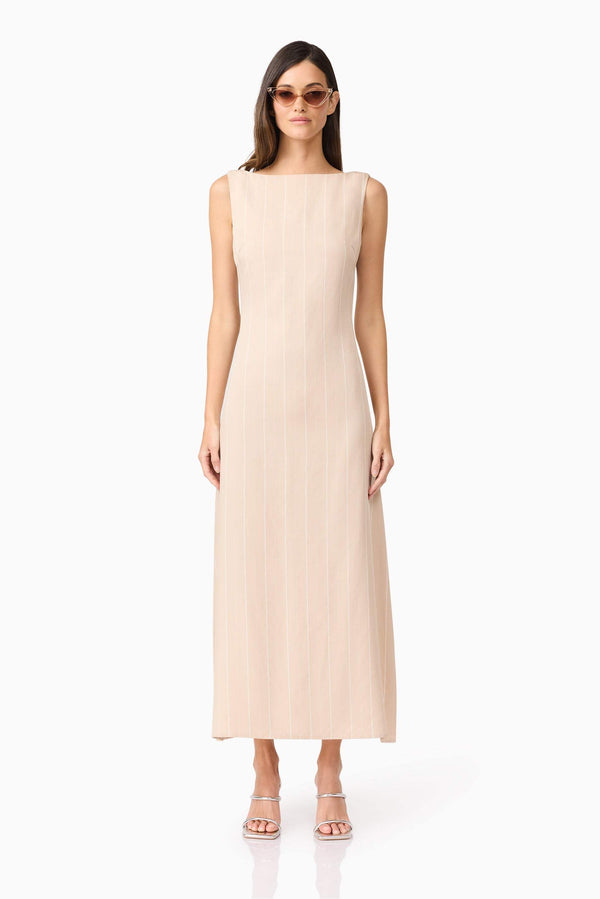 Brunette model wearing Camille Midi Dress front shot