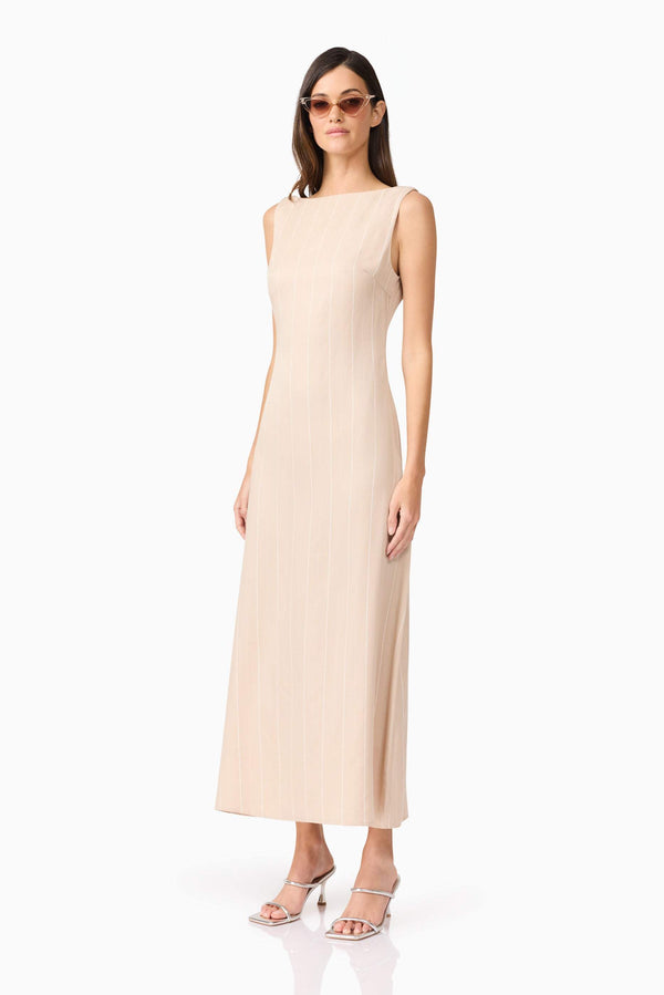 Brunette model wearing Camille Midi Dress side shot
