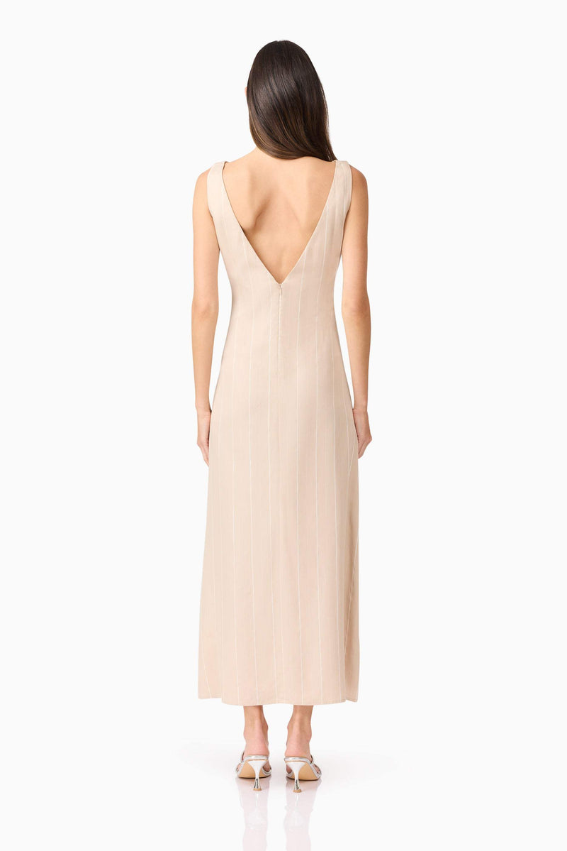 Brunette model wearing Camille Midi Dress back shot