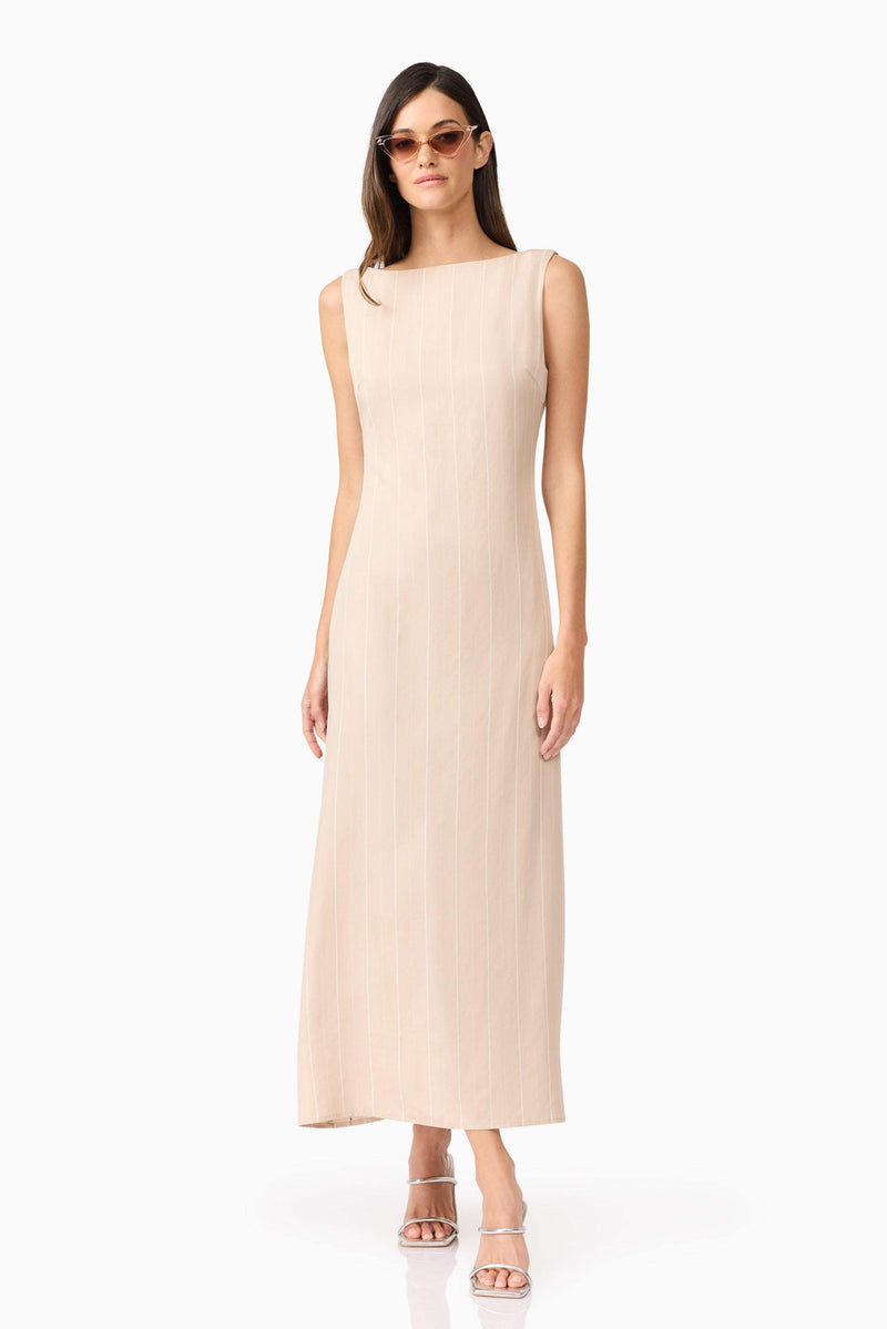 Brunette model wearing Camille Midi Dress posed shot