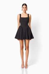 CURAAE Morrigan Square Neck Mini Dress in Black with a square neckline & gathered skirt front shot