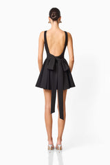 CURAAE Morrigan Square Neck Mini Dress in Black with a open back  & tie detialing back shot