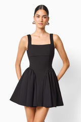 CURAAE Morrigan Square Neck Mini Dress in Black with a square neckline & gathered skirt close up shot