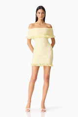 Brunette woman in the CURAAE Catiana Mini Dress in Yellow posed shot