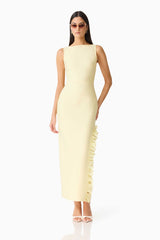 Brunette woman wearing the CURAAE Catiana Maxi Dress in Yellow posed shot