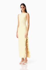 Brunette woman wearing the CURAAE Catiana Maxi Dress in Yellow side shot