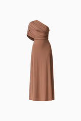 Brunette model wearing the CURAAE Gizelle Maxi Dress in Brown ghost shot