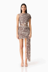 Brunette woman in the Arabelle Mini Dress in Chocolate Zebra Print front shot