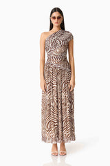 Brunette woman in CURAAE Arabelle Maxi Dress in Chocolate Zebra Print front shot