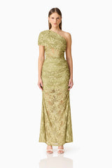 Brunette model wearing the Fiorella Skirt in Pistachio Green front shot 
