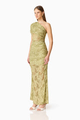 Brunette model wearing the Fiorella Skirt in Pistachio Green side shot 
