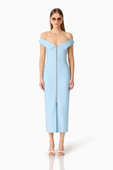 Brunette model wearing the Sacha Maxi Dress in Baby Blue front shot 
