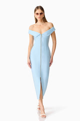 Brunette model wearing the Sacha Maxi Dress in Baby Blue posed shot 
