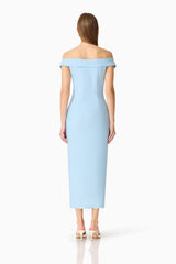 Brunette model wearing the Sacha Maxi Dress in Baby Blue back shot 
