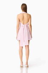 Brunette model wearing the Celie Top & Skirt Set in Blush Pink back shot