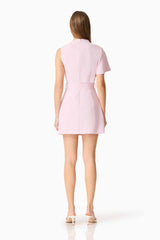 Brunette model wearing the Celie Mini Dress in Blush Pink back shot