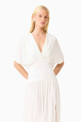 Blonde model wearing the CURAAE Amaris Maxi Dress in White close up shot