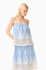 Blonde model wearing the CURAAE Estella Maxi Dress in Blue & Cream close up shot 