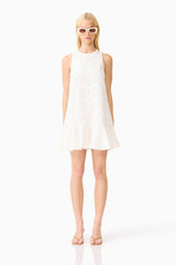Blonde model wearing the Sierra Mini Shift Dress in White front shot