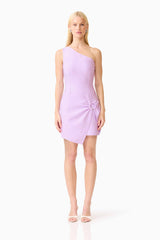 Blonde model wearing the Rafaella One Shoulder Mini Dress in Purple front shot