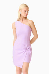 Blonde model wearing the Rafaella One Shoulder Mini Dress in Purple close up shot