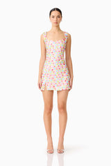 Brunette model wearing the CURAAE Bijou Mini Dress in Multi front shot