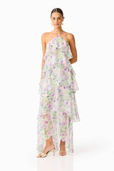 Brunette model Mirabelle Cocktail Dress in Floral posed hand on hip shot