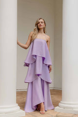 Brunette model wearing the Tilly Tiered Maxi Dress in Purple campaign shot