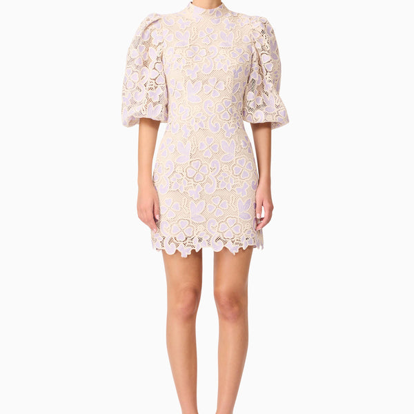 Jasmine Puff Sleeve Mini Dress - Purple & Beige - S