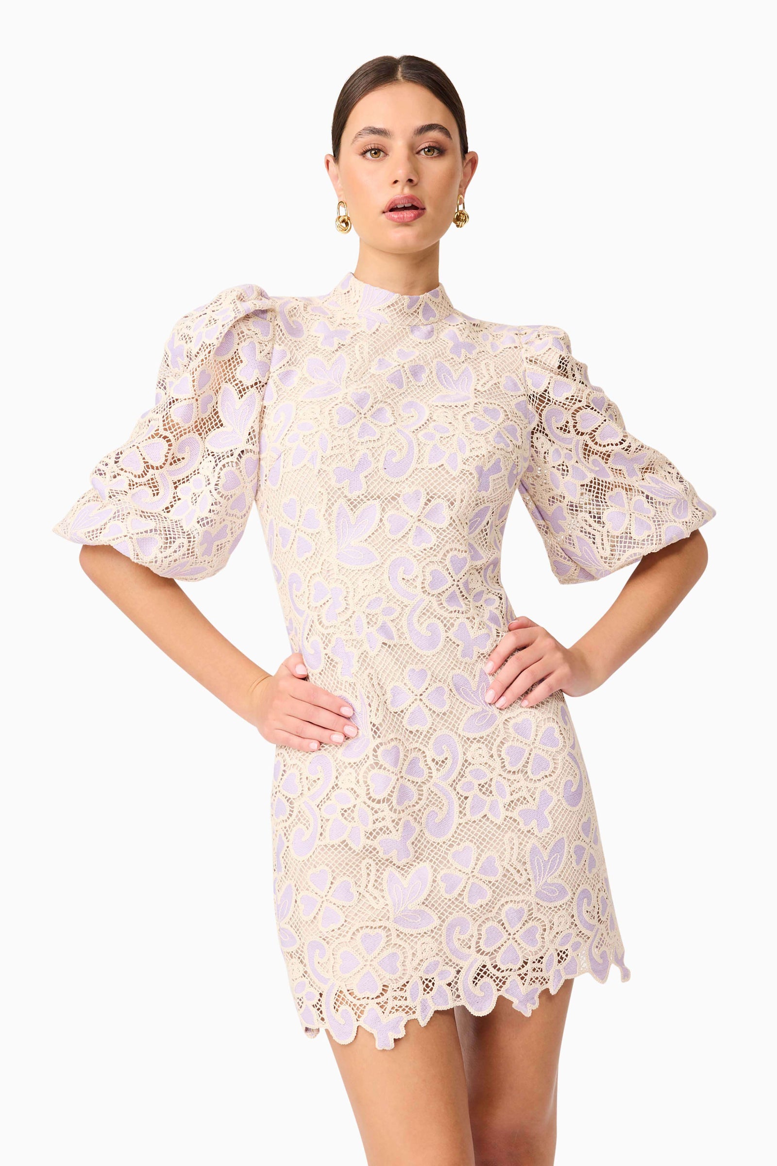 Jasmine Puff Sleeve Mini Dress - Purple & Beige - S