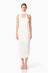Brunette model wearing Darya Fitted Midi Dress in White front shot