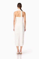 Brunette model wearing Darya Fitted Midi Dress in White back shot