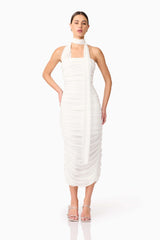 Brunette model wearing Darya Fitted Midi Dress in White posed shot