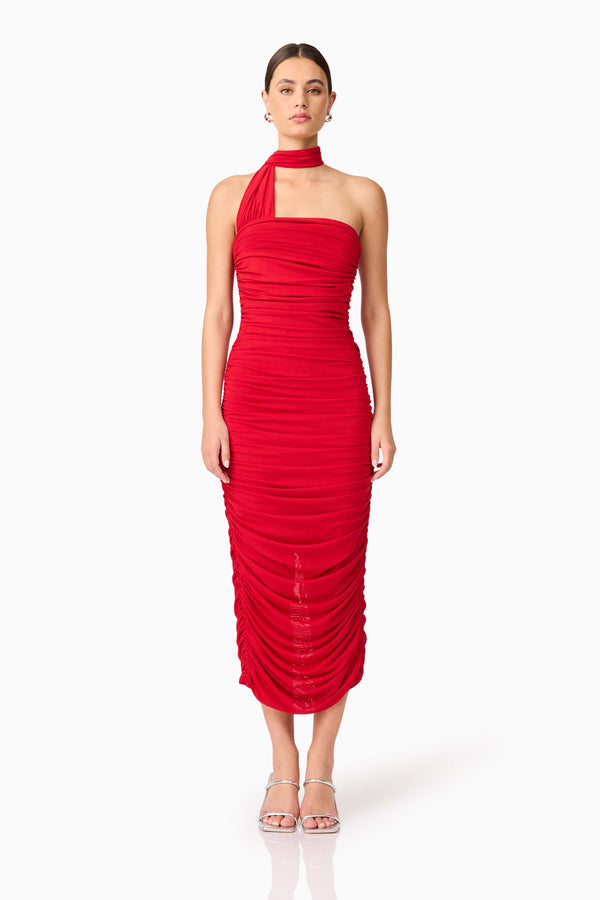 Brunette model wearing Darya Fitted Midi Dress in Red front shot