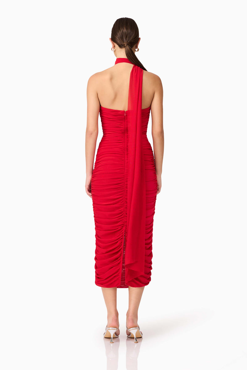 Brunette model wearing Darya Fitted Midi Dress in Red back shot