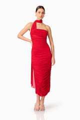 Brunette model wearing Darya Fitted Midi Dress in Red posed shot