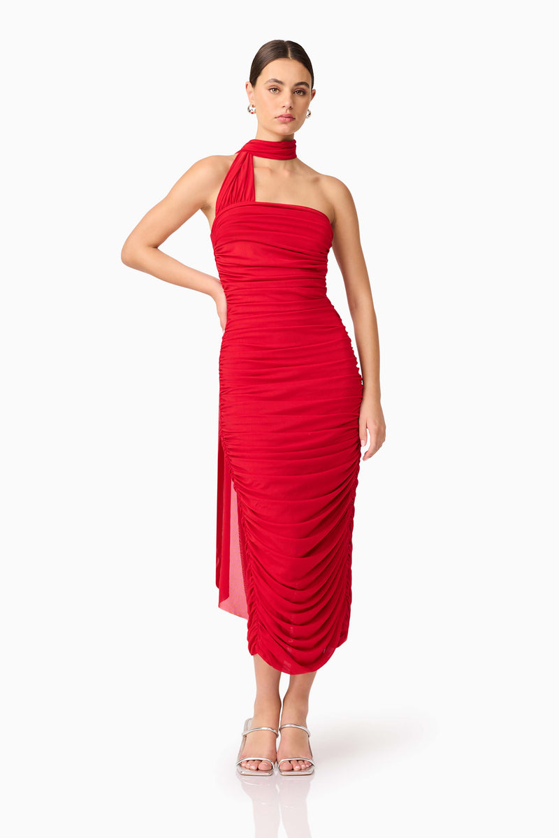 Brunette model wearing Darya Fitted Midi Dress in Red posed shot